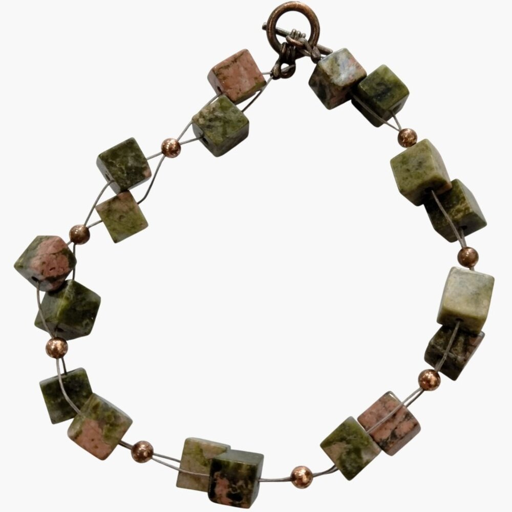 Unakite Copper Bracelet Cube Bead Illusion Floating Toggle Clasp 8 inch